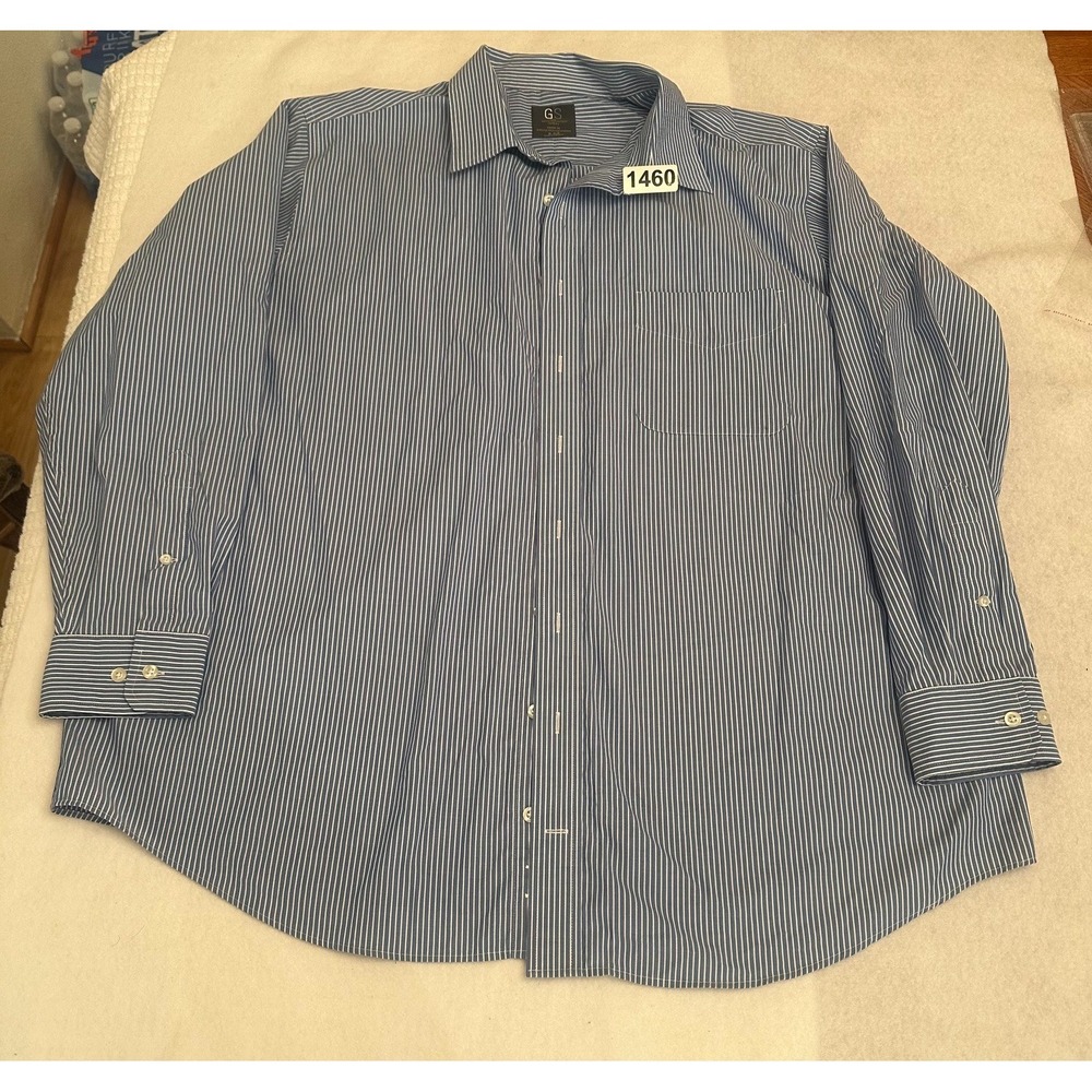 GS Mens Stripe Dress Shirt Classic Fit Blue White 18 35 36 Wrinkle Free Cotton